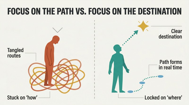 Split panel comparing a figure stuck staring at tangled paths below versus a figure gazing at a clear destination as a dotted path forms ahead.