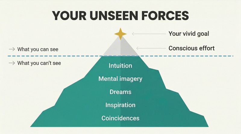 Iceberg diagram with a small visible tip labeled conscious effort above a waterline and a much larger submerged mass representing subconscious forces like intuition, imagery, and inspiration below.