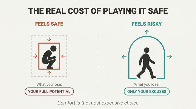 Split panel comparing a figure confined inside a shrinking box labeled safe against a figure stepping into open expansive space, revealing that comfort costs more than courage.