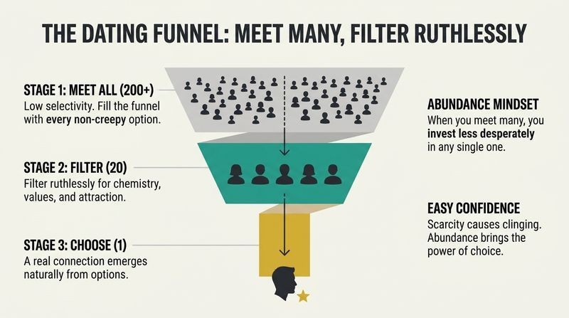A three-tiered funnel diagram illustrating how meeting many people creates an abundance mindset, filtering down to one true connection.