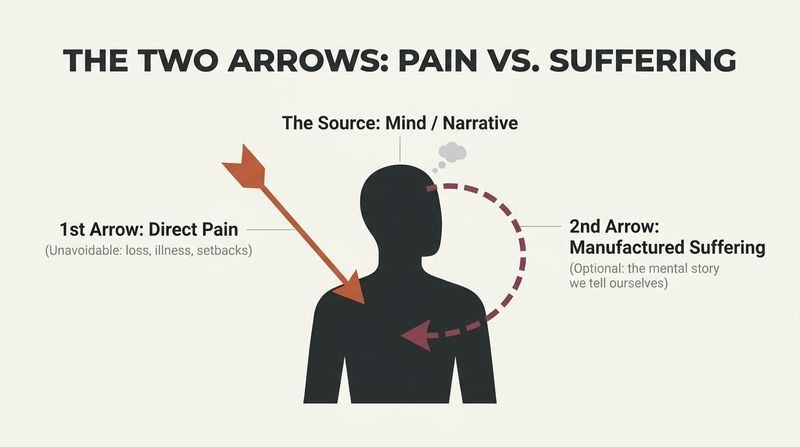 Diagram of a human silhouette showing a solid external arrow striking the chest as unavoidable pain, and a second, dashed loop arrow originating from the head and striking the body as self-inflicted suffering.