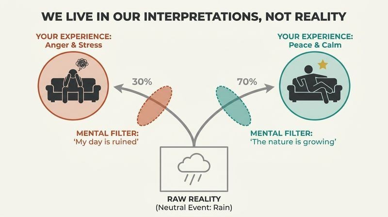A split-path diagram showing how a single neutral event passes through different mental filters to create completely opposite internal experiences.