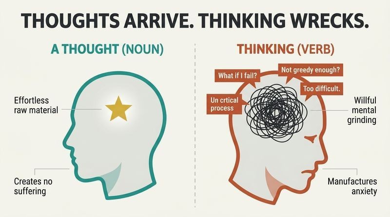 Split-panel diagram contrasting a calm mind receiving a single effortless thought with a stressed mind caught in a chaotic web of overthinking.