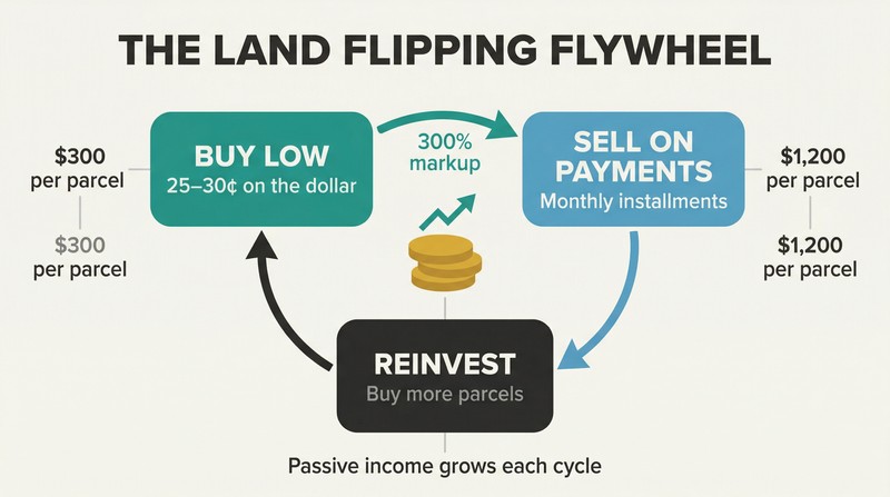 Circular flywheel with three steps — buy cheap, sell on payments, reinvest — looping around a central growing passive income symbol.