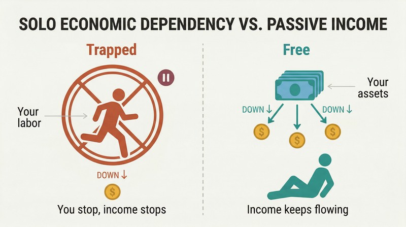 Split panel comparing a figure running on a hamster wheel tied to a small income stream against a figure at rest while stacked assets generate continuous income flow.