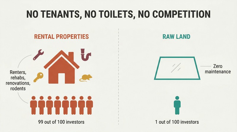 Split panel contrasting a crowded, problem-laden rental property scene on the left with a single peaceful land parcel and lone investor on the right.