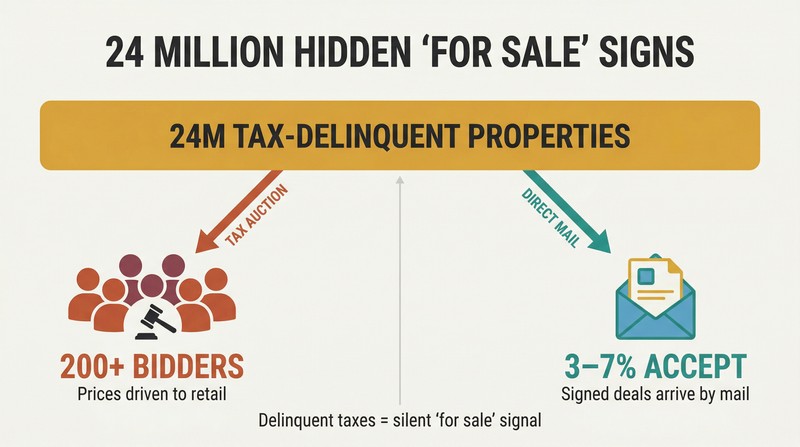 Fork diagram showing a large pool of tax-delinquent properties splitting into two paths: a crowded auction approach versus a direct mail approach yielding signed deals.