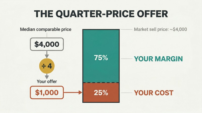 Vertical proportion bar showing a land offer at one-quarter of market value, with the remaining three-quarters highlighted as profit margin.