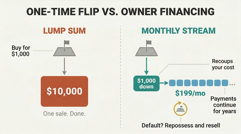 Split panel comparing a single lump-sum land sale on the left to a recurring monthly payment stream from owner financing on the right, showing how one purchase generates ongoing income.