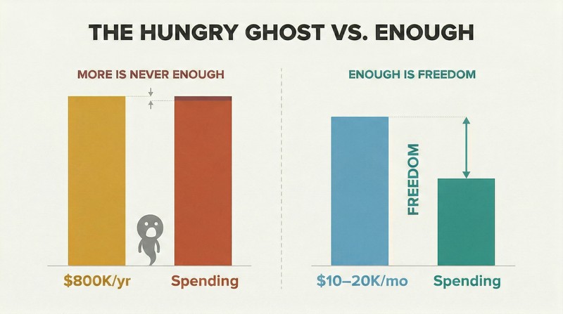Split panel comparing tall income and spending bars with no gap on the left against moderate bars with a visible freedom gap on the right.