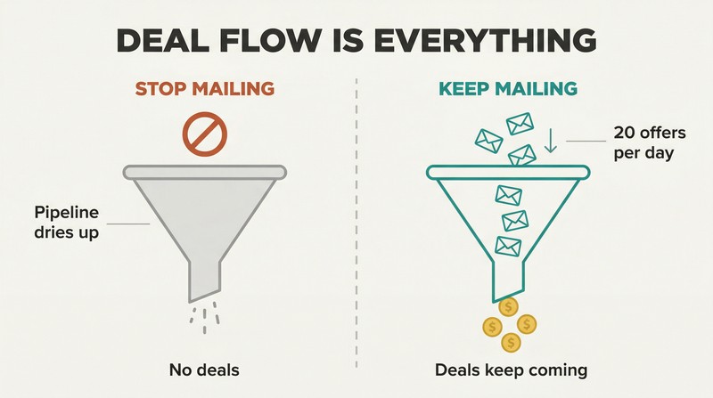 Split panel comparing an empty pipeline with no mail input against a full pipeline fed by daily offer letters producing steady deal output.