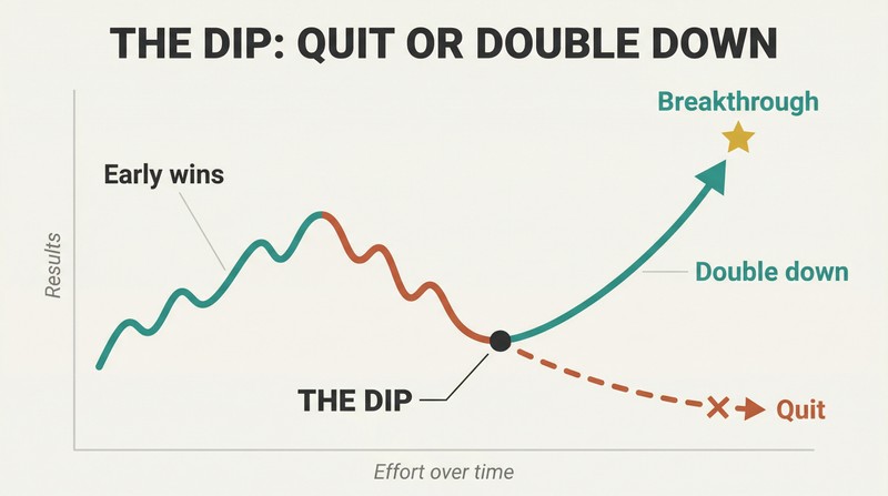 Progress line rising then dipping into a valley where it forks into a flatline quitting path and a steeply rising breakthrough path.