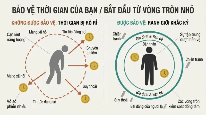 A side-by-side infographic comparing unguarded, leaking time lost to external distractions on the left with guarded, concentric circles of control on the right.