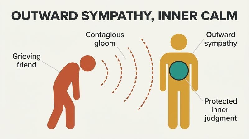 Diagram showing a slumped, grieving figure transmitting negative emotional waves that are absorbed by a Stoic's sympathetic outer shell but blocked entirely from their calm, insulated inner core.