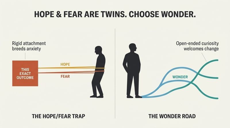Split panel diagram showing how specific hopes tightly tether a person to fear of a single outcome, while wondering opens them up to a peaceful, branching path of possibilities.