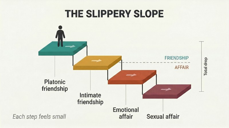Descending staircase of four shallow steps transitioning from teal to terracotta, showing how platonic friendship gradually slides through intimate friendship and emotional affair into sexual affair, with a dashed boundary line crossed midway.