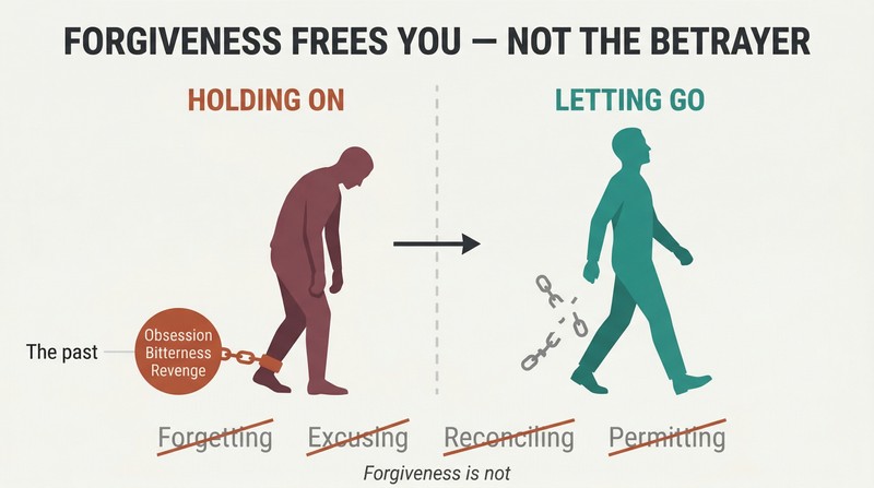 Split panel showing a chained figure weighed down by bitterness transforming into a free figure with broken chains, with crossed-out misconceptions below.