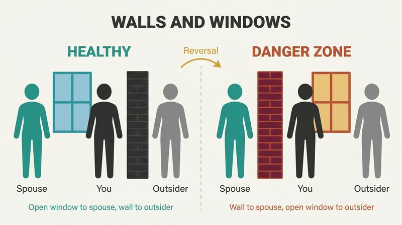 Split panel comparing healthy relationship boundaries with open window toward spouse and wall toward outsiders versus reversed danger-zone boundaries with wall toward spouse and window toward outsiders.