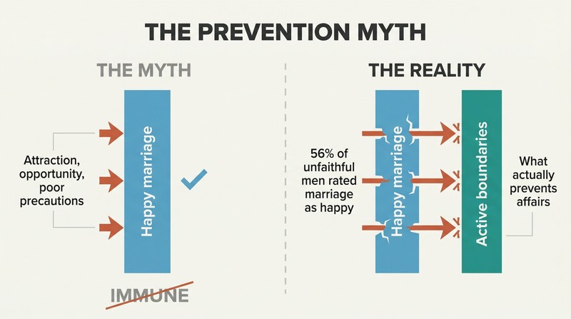 Split panel comparing the myth that a happy marriage blocks infidelity with the reality that affairs pass through happiness and only active boundaries provide real protection.