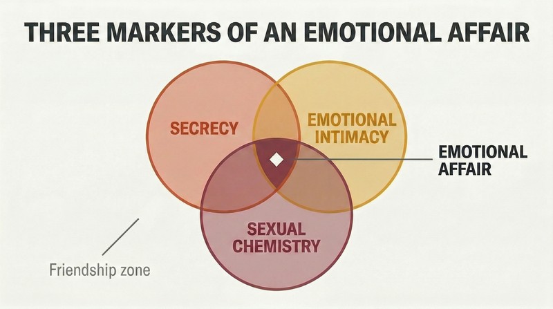 Three-circle Venn diagram showing secrecy, emotional intimacy, and sexual chemistry overlapping to form an emotional affair at their center.