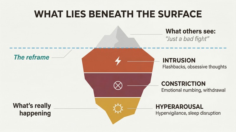 Iceberg diagram showing a small "bad fight" label above a waterline and three large trauma symptom clusters submerged below, revealing the hidden scale of betrayal trauma.