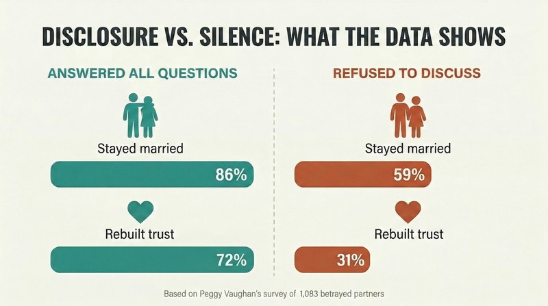 Split comparison showing that full disclosure leads to 86% marriage survival and 72% trust rebuilt, while refused disclosure drops to 59% and 31%.