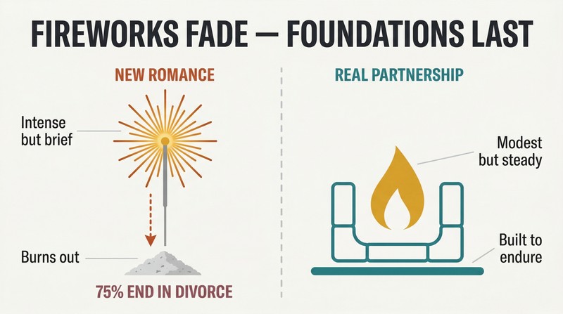 Split panel contrasting a tall sparkler burning down to ash on the left with a steady hearth flame enduring on the right, showing affair intensity versus partnership longevity.