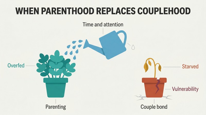 A tilted watering can pours all its water onto a thriving plant labeled parenting while a wilting, cracked plant labeled couple bond receives nothing.