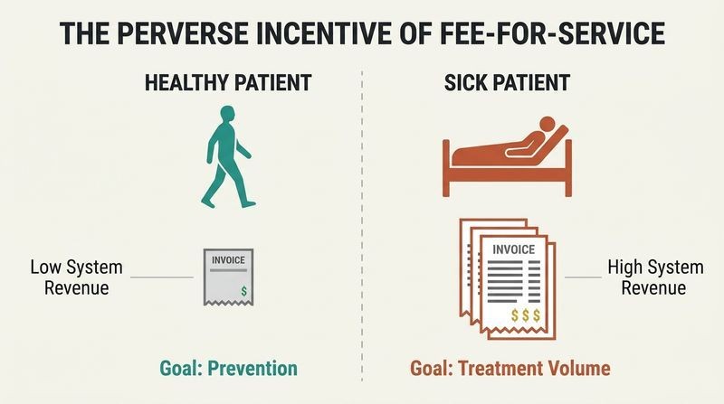 Split panel diagram illustrating how fee-for-service systems incentivize sickness over health by generating far more billable revenue from sick patients than healthy ones.