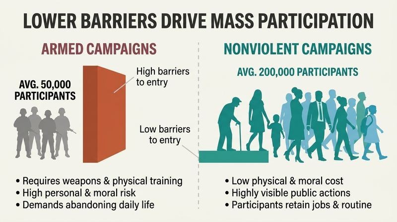 Split diagram comparing the high entry barriers of armed campaigns, resulting in smaller recruitment pools, with the low entry barriers of nonviolent campaigns, which enable massive public participation.