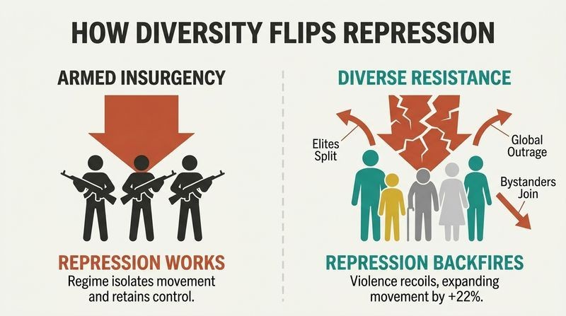Split panel diagram comparing how state repression successfully crushes armed groups but fractures and backfires when used against diverse, nonviolent crowds.