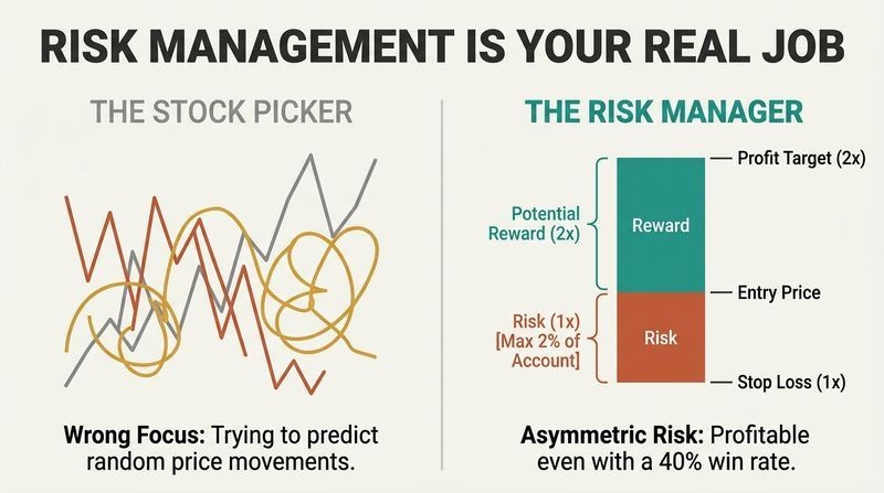 Split panel diagram comparing a chaotic stock picker with a structured risk manager using a 2-to-1 reward-to-risk ratio.
