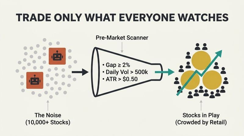 A horizontal funnel diagram showing thousands of quiet, algo-dominated stocks filtered down to two or three high-volume Stocks in Play where retail traders crowd together to trade.