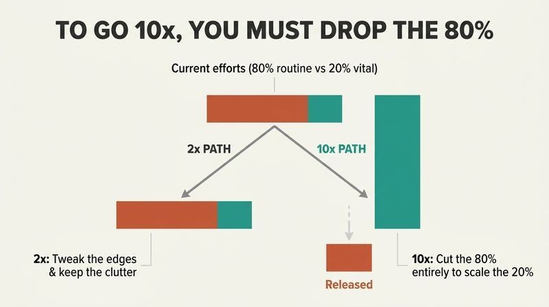 Fork diagram contrasting a 2x path that keeps routine efforts with a 10x path that discards the routine 80% to exponentially scale the vital 20%.