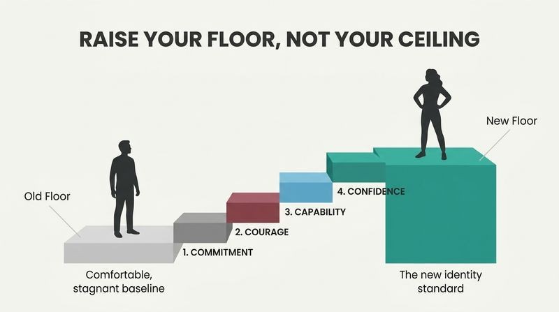 A step-by-step staircase diagram showing how raising your minimum standard transforms your identity using the 4 C's process: Commitment, Courage, Capability, and Confidence.