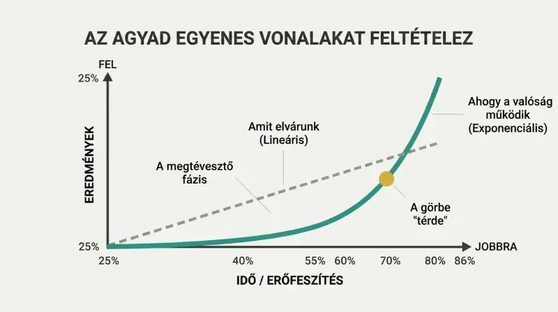 Line chart comparing flat human expectation of linear progress against actual exponential growth curving sharply upward.