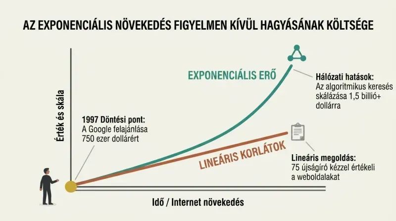 Dual curve chart comparing Excite's flat, linear manual curation path against Google's hockey-stick exponential algorithmic scaling path.