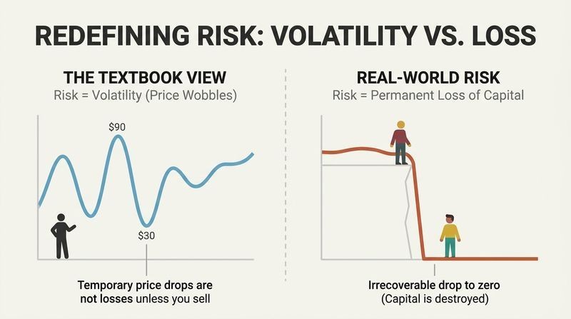 Split-panel diagram contrasting the textbook view of risk as price volatility with the Darwinian investing view of risk as permanent capital loss.