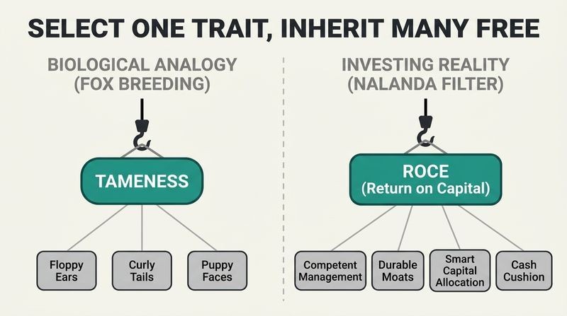 Split panel diagram demonstrating how breeding foxes for "Tameness" drags physical traits along, parallel to how screening companies for "ROCE" automatically pulls multiple core business virtues with it.