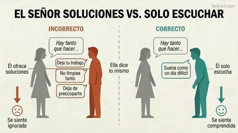 Split panel comparing a man offering unwanted solutions to a stressed woman on the left versus the same man simply listening with empathy on the right, showing contrasting emotional outcomes.