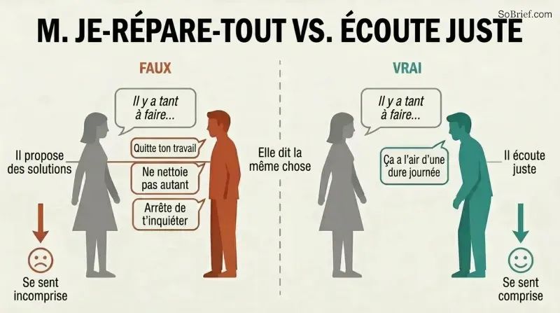 Split panel comparing a man offering unwanted solutions to a stressed woman on the left versus the same man simply listening with empathy on the right, showing contrasting emotional outcomes.