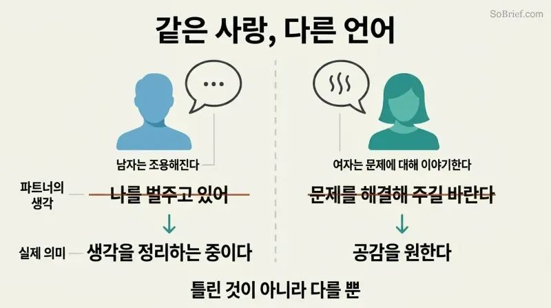 Split panel comparing how he goes quiet and she talks about problems, showing each behavior's misreading crossed out beside its true meaning.
