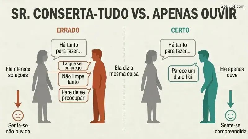 Split panel comparing a man offering unwanted solutions to a stressed woman on the left versus the same man simply listening with empathy on the right, showing contrasting emotional outcomes.