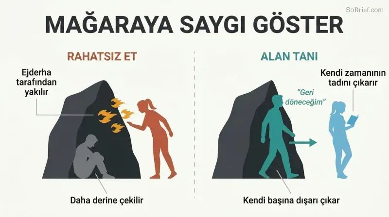 Split panel comparing two responses to a man's withdrawal: intruding at the cave entrance causes conflict, while giving space leads to natural emergence.