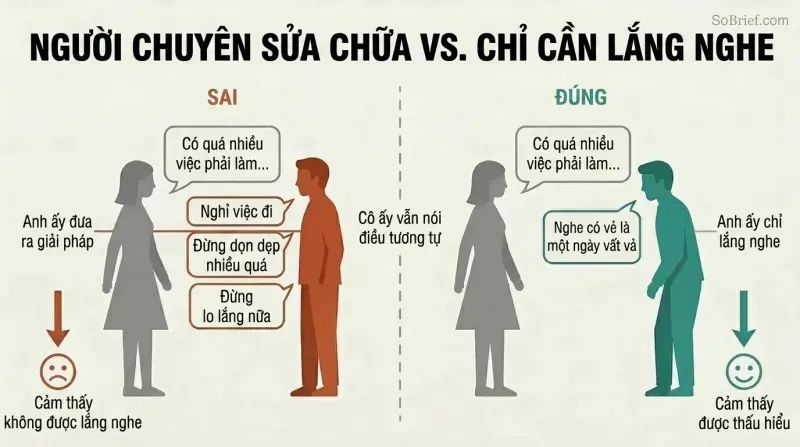 Split panel comparing a man offering unwanted solutions to a stressed woman on the left versus the same man simply listening with empathy on the right, showing contrasting emotional outcomes.