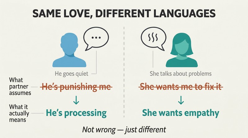 Split panel comparing how he goes quiet and she talks about problems, showing each behavior's misreading crossed out beside its true meaning.