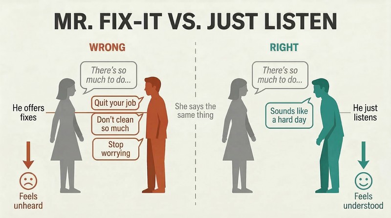 Split panel comparing a man offering unwanted solutions to a stressed woman on the left versus the same man simply listening with empathy on the right, showing contrasting emotional outcomes.