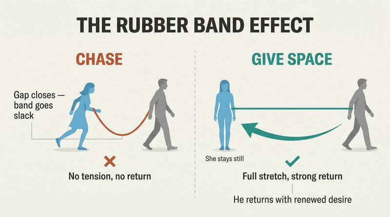 Split panel comparing chasing, where a slack rubber band between two figures produces no return force, versus giving space, where a fully stretched band snaps back with renewed closeness.