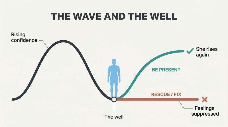Wave curve descending into a trough where the path forks — rescuing leads to a suppressed flatline while being present allows the wave to rise again naturally.