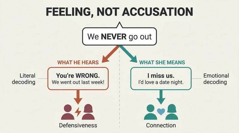 Fork diagram showing one spoken phrase decoded two ways: literal interpretation leading to conflict versus emotional translation leading to connection.